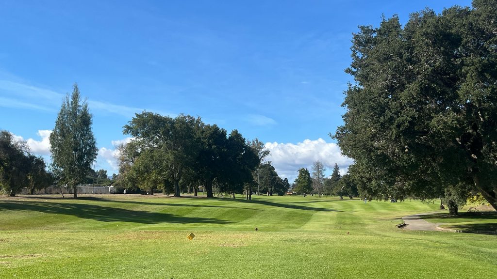 Tee box overlooking a tree-lined fairway with a cart path along the right side.