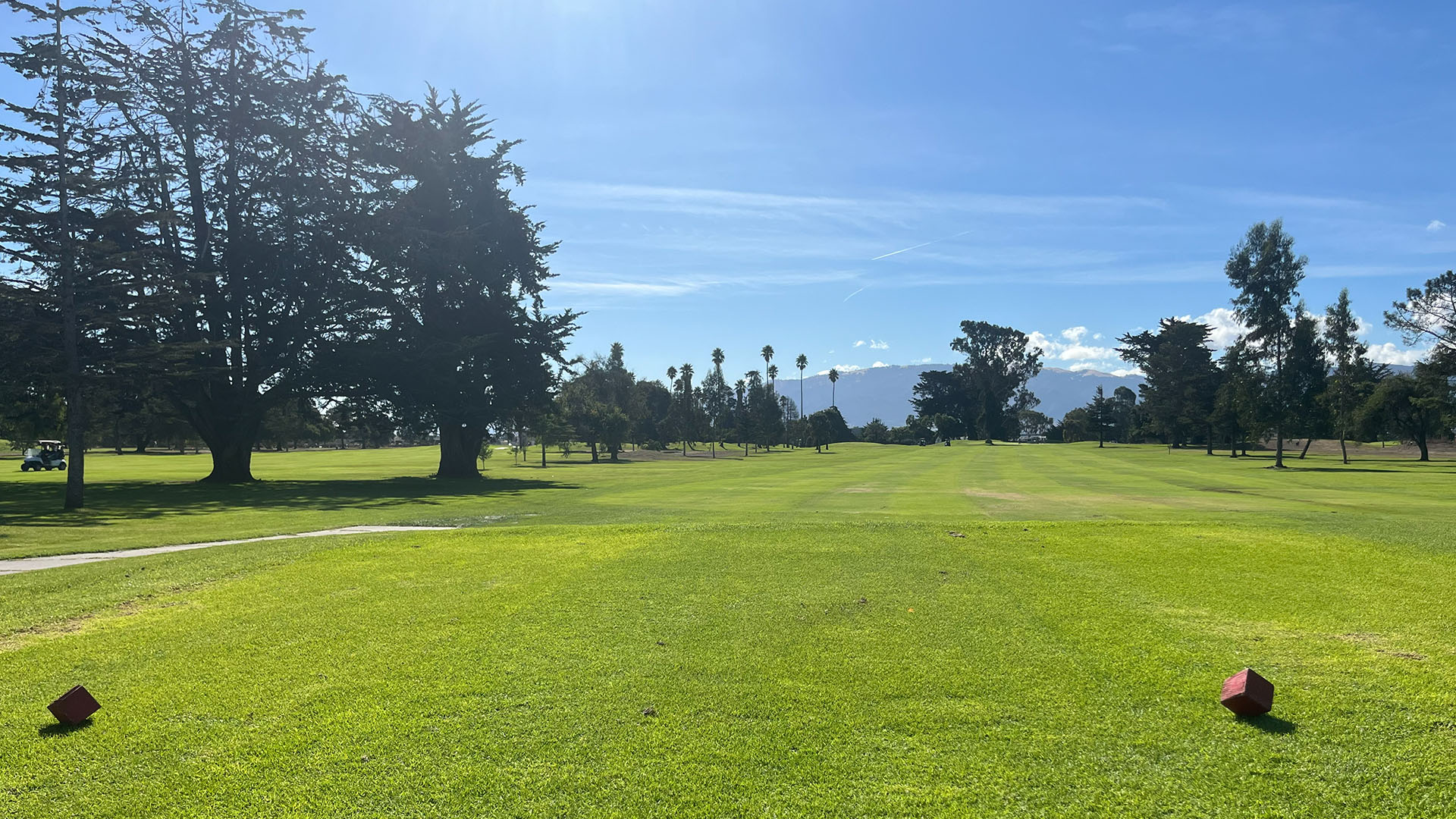 Tee box overlooking a broad tree-lined fairway with mountains in the distance.